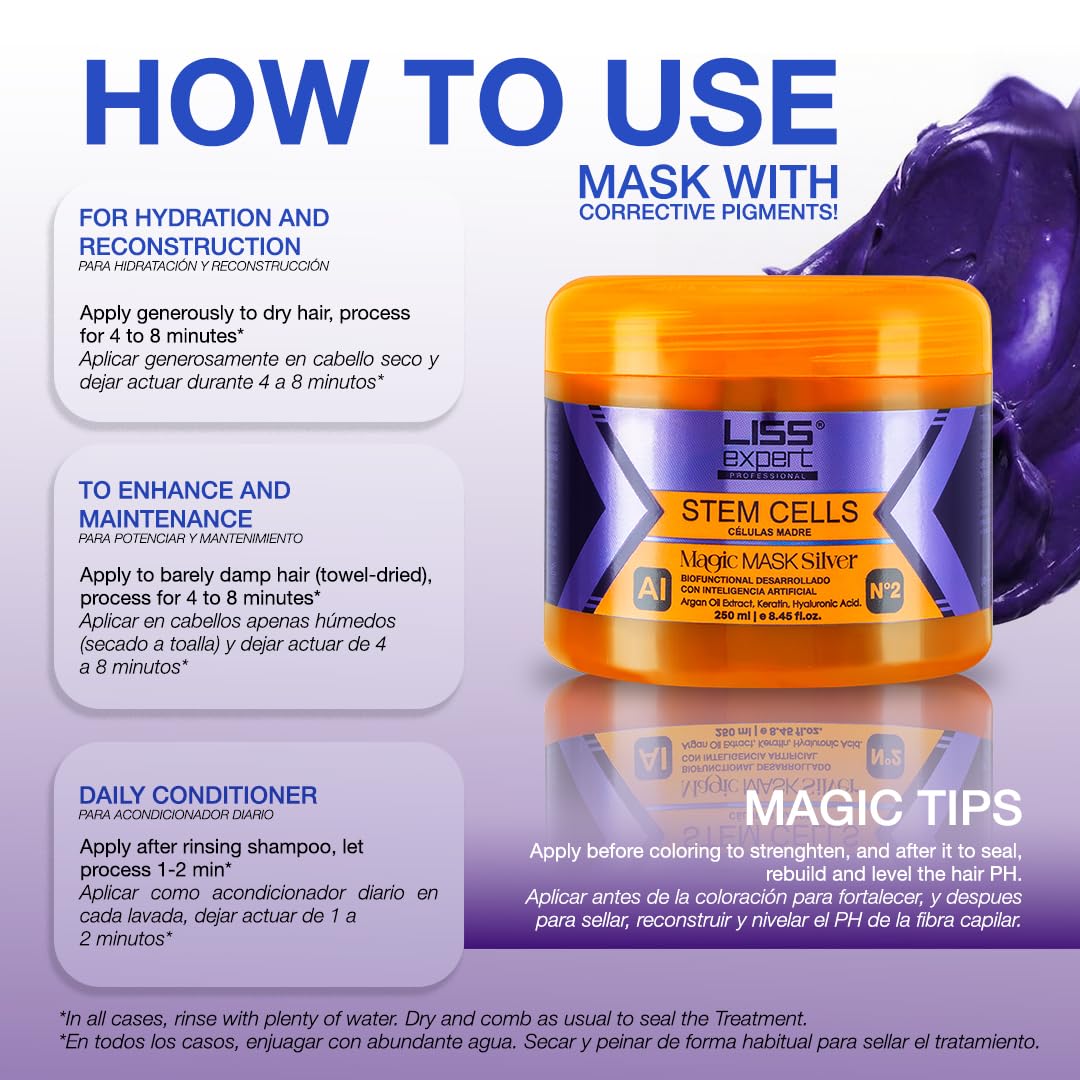 Liss Expert Stem Cells Purple Magic Hair Mask | Argan Oil, Keratin & Hyaluronic Acid Deep Conditioning Mask | Hydration, Shine & Frizz Control for All Hair Types | 250 ml / 8.45 fl oz